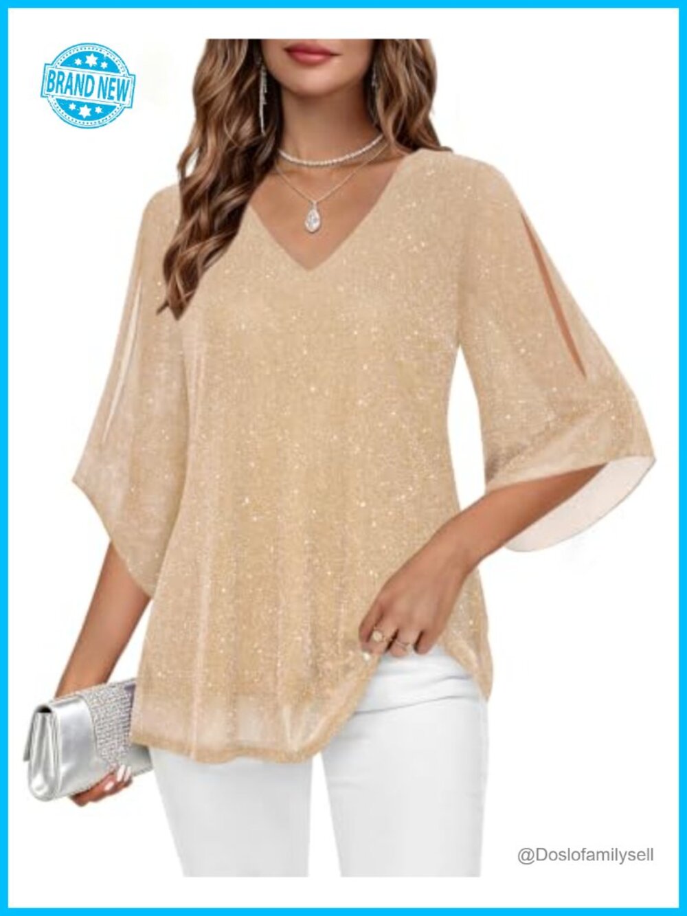 Womens Sparkly Sequin V Neck Blouse 3/4 Bell Sleeve Dressy Top